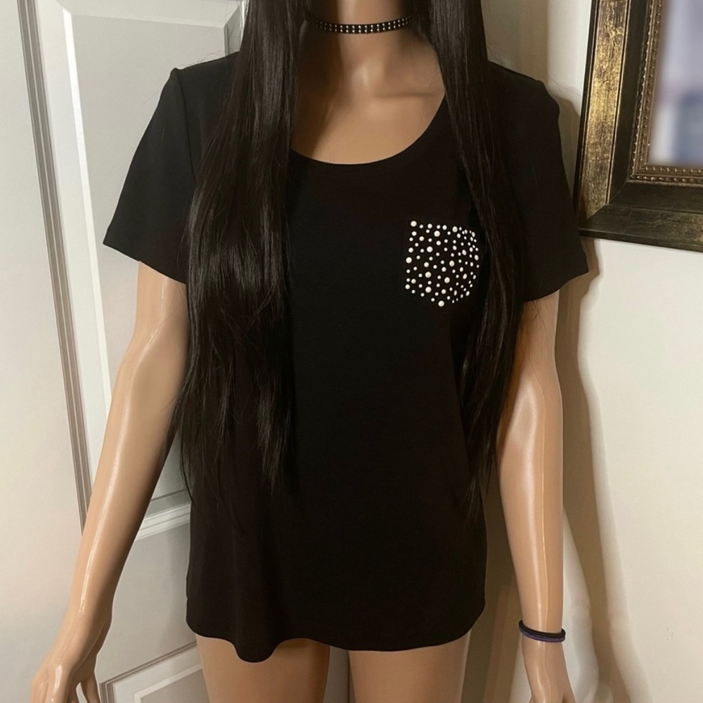 NWT Cute Black Tee Shirt With Bedazzled Pocket | Rafaella